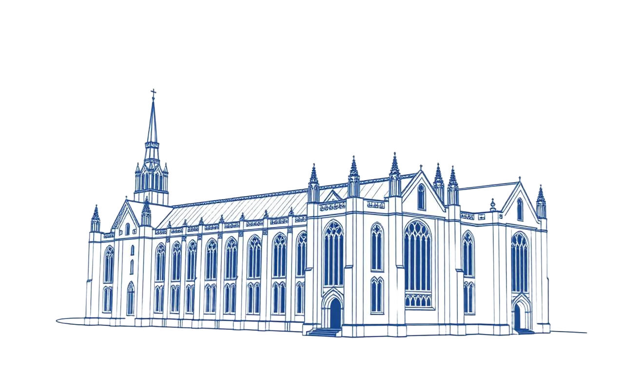 Line illustration of a Cambridge college chapel
